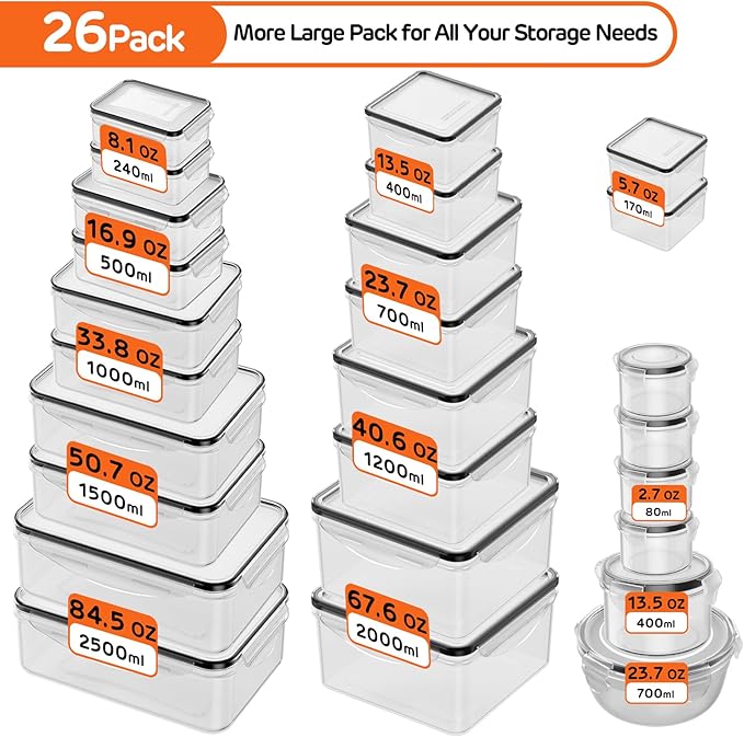 52 PCS Food Storage Container with Lid (26 Lids & 26 Containers) - Airtight Leakproof Plastic Kitchen Organization Set Reusable Microwave/Freezer/Dishwasher Safe Meal Prep Container with Label & Pen