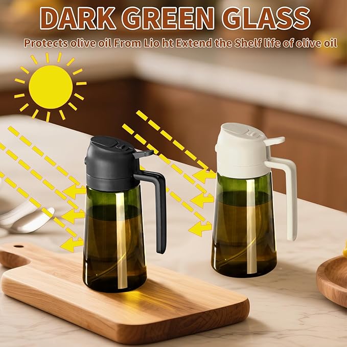 SWEET VIEW Olive Oil Dispenser and Oil Sprayer – 16oz/470ml Glass Light-Proof Oil Pourer for Kitchen with Stickers for Air Fryer, Cooking, Salad, and BBQ
