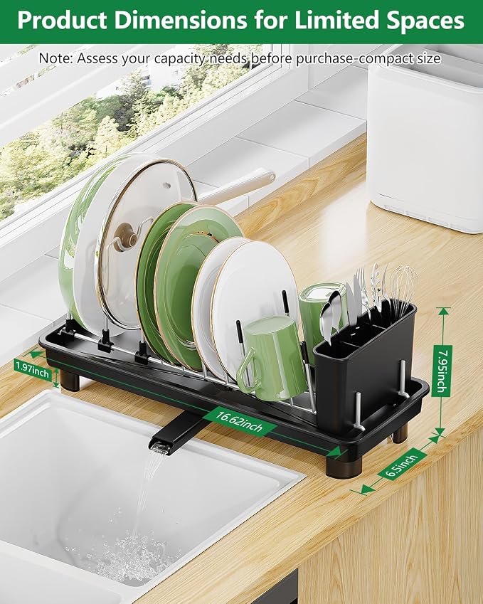 Small Dish Drying Rack, Compact Dish Rack for Kitchen Counter, Space Saving Plate Rack, Dish Strainer with Cutlery Holder, Black