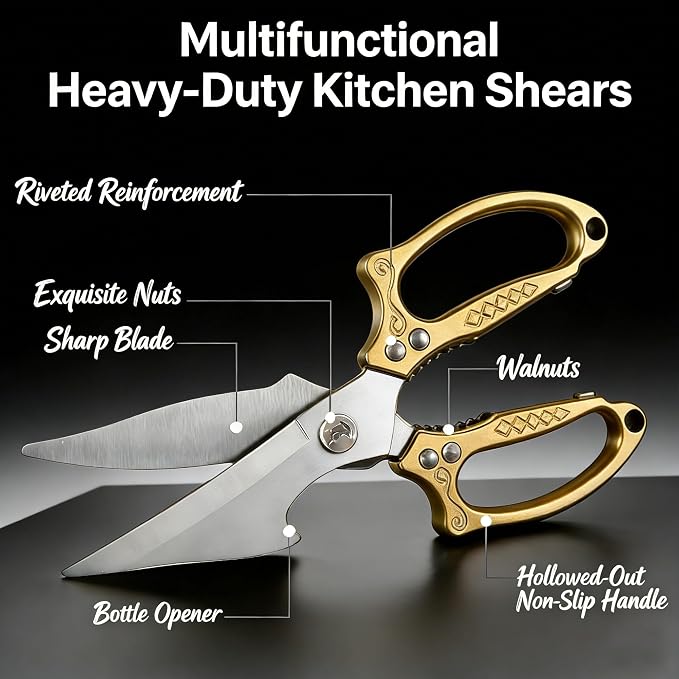Premium Gold Kitchen Shears Heavy Duty, Stainless Steel Multipurpose Scissors for Chicken, Meat, Poultry, Seafood & Vegetables, Sharp Food Cutting Scissors for Kitchen Use