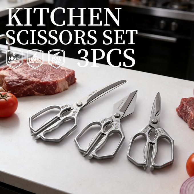 Kitchen Scissors with Case Silver 3PCS, Heavy Duty Poultry Shears Kitchen Shear for Food Chicken Scissor All Purpose,Japan Meat Cutting Scissors, Bones Food Cooking Shears, Gifts for Men Women Mom Dad