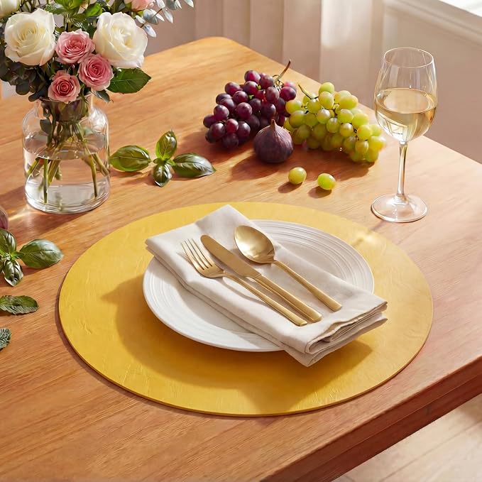 Artoid Mode Yellow Faux Leather Placemats Set of 4, 15 Inch Waterproof Wipeable Heat Resistant Vinyl Place Mats, Reversible Table Mats for Summer Kitchen Dining Decor