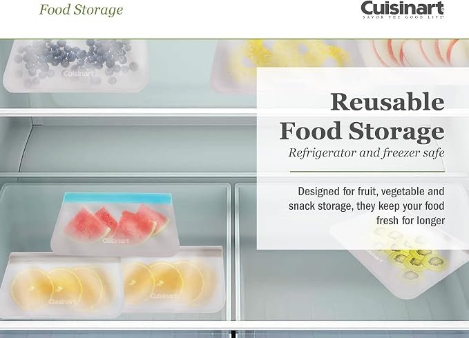Cuisinart Reusable Food Storage Bags, 12 Pack Gray - Resealable Bags for Food, Leftovers, & Snacks to Store, Freeze or Refrigerate - BPA Free Flat Freezer Bags - Includes Small, Medium & Large