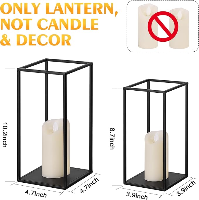 Eufrozy Lanterns Decorative Indoor Set of 2 Black Metal Lantern Candle Holder, Modern Farmhouse Lantern Decor for Christmas Living Room Fireplace Mantle Home Outdoor Patio Table Wedding Porch