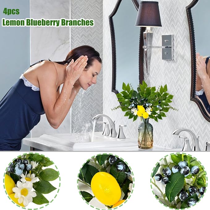 4PC Artificial Lemon Blueberry Branches with Vase for Home Decor Vivid Fake Lemon Twig Stem Bunch in Vase Summer Farmhouse Decor for Dining Table Centerpieces Office Coffee（Lemon）