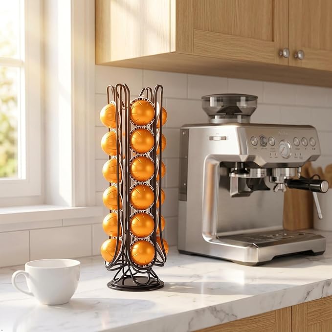 28 Vertuo Pods Holder Compatible with Nespresso Vertuo Pod Holder Organizer VertuoLine Capsules Vertical Coffee Pod Storage for Small Spaces Metal Rack with 360° Rotating Non-Slip Base