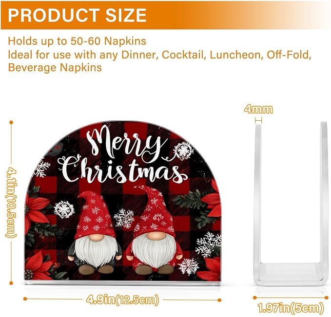 Napkin Holder Acrylic Napkin Holder for Table Kitchen Party Restaurant U Shaped Upright Napkin Dispenser Organizer Red and Black Checkered Christmas Gnomes