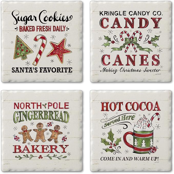 Thirstystone Holiday Treats 4 Pack Assorted Tumbled Tile Stone Coasters with Protective Cork Backing 4" Square Manufactured in the USA