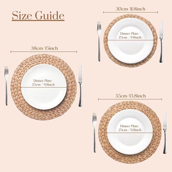 6 Pack, Round Woven Placemats, Natural Water Hyacinth Place mats, Braided Straw Table Mats for Dining Table, Christmas Placemats Set of 6 (15 inch)