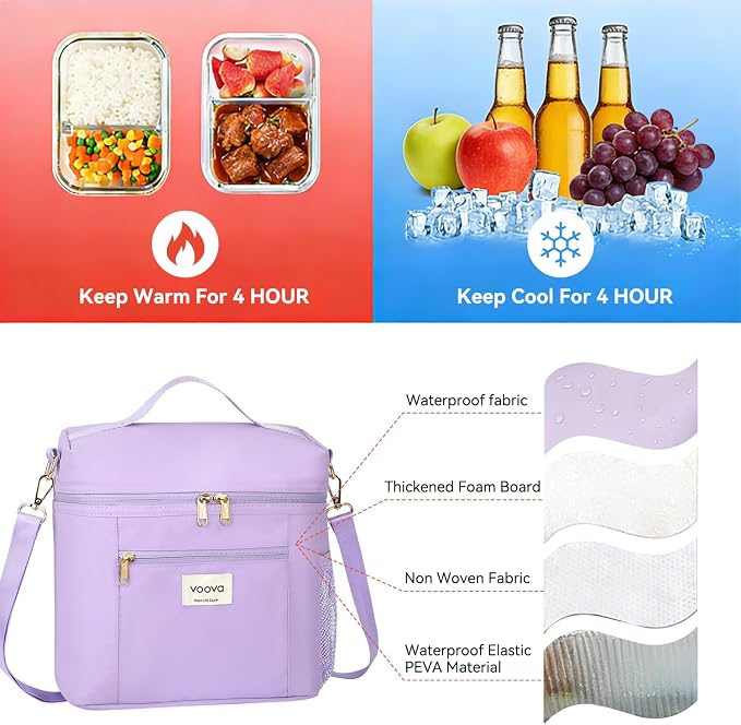 Voova Lunch Bag for Women, Insulated Lunch Box with Shoulder Strap, Adult Reusable Lightweight Nylon Waterproof Lunchbox Lunch bags for Work, Purple