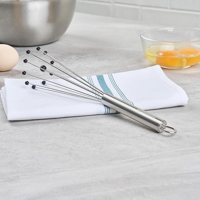 Restaurantware 10.5 in Stainless Steel Ball Whisk with Silicone Tips - German Standard Sauce & Gravy Whisk, Non-Scratch, Dishwasher Safe - Non-Stick Safe Silicone Ball Whisk for Baking
