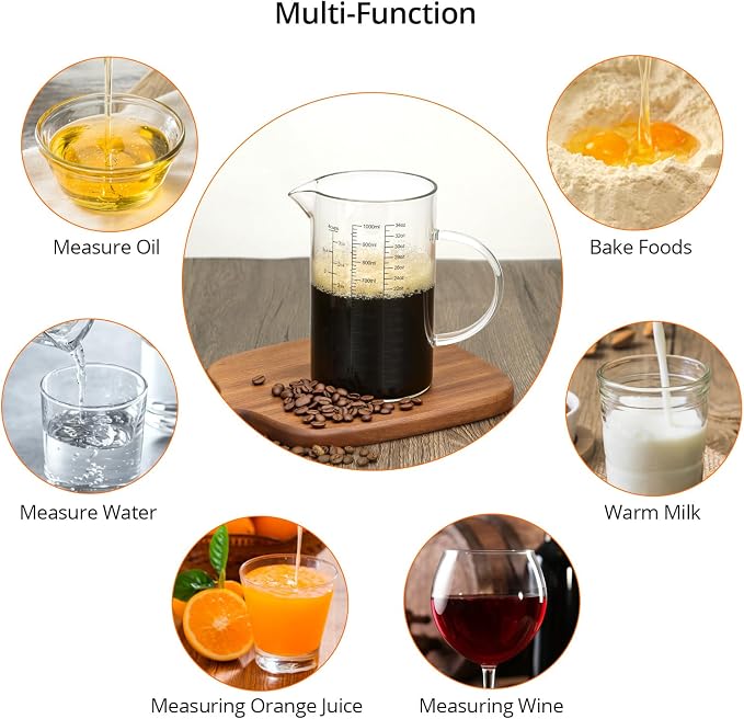 QWORK 34OZ/1000ML Glass Measuring Cup (Ml/Oz/Cup), 4 Cups Multi-Purpose Kitchen Tool with V-Shaped Spout & Handle