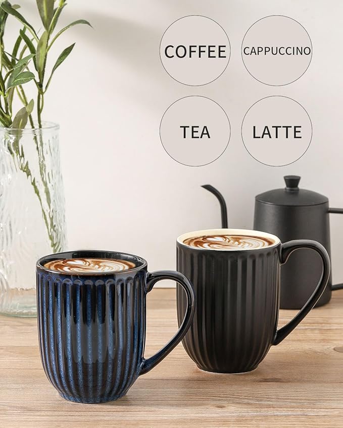 HASENSE 20 Oz Ceramic Coffee Mug with Handle, Large Black & Navy Blue Porcelain Latte Cup for Coffee, Tea, Hot Cocoa, Ribbed Tea Mug Set of 2, Microwave & Dishwasher Safe, Birthday Gifts for Women