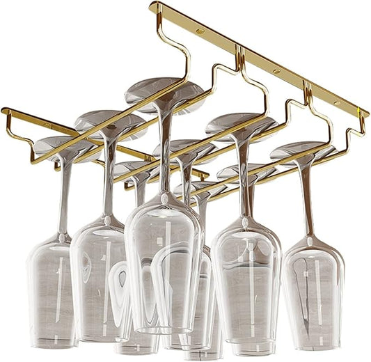 Wine Glass Rack, Under Cabinet Stemware Wine Glass Holder, Glasses Storage Hanger, Hanging Stemware Display Rack, Perfect For Home, Storage Rack, Bar, Cellar, Cabine - Gold (Size : 3Row)