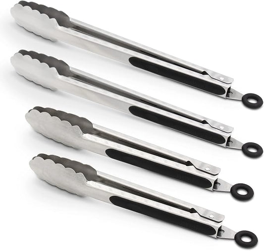 304 Stainless Steel Kitchen Cooking Tongs, 9" and 12" Set of 4 Sturdy Grilling Barbeque Brushed Locking Food Tongs with Ergonomic Grip, Black