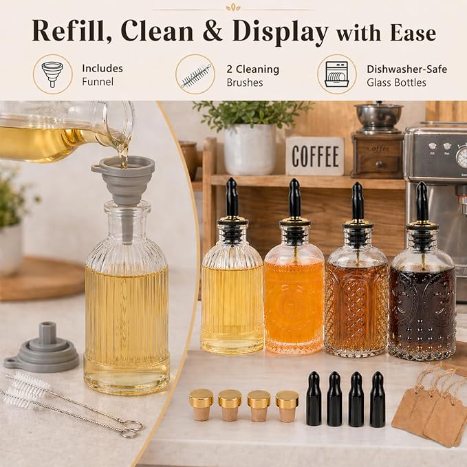 ChezMax Syrup Dispenser Bottles Set of 4, Simple Syrup Bottle for Coffee Bar Accessories, 7 oz Glass Coffee Syrup Dispenser Syrup Containers for Maple Honey Syrup Oil, with Metal Pour Spouts & Labels