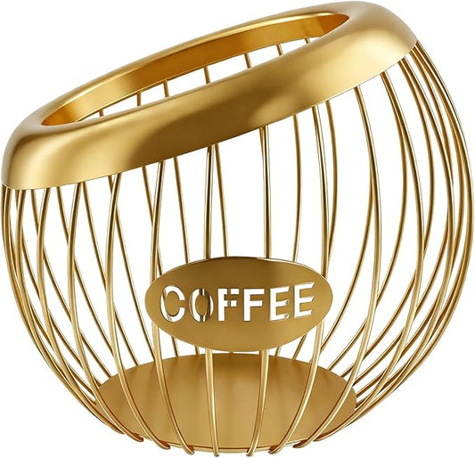 Large Capacity Metal Coffee Pod Holder - K Cups Organizer, Espresso Capsule Storage Basket for Counter & Bar Station Accessories (Golden)