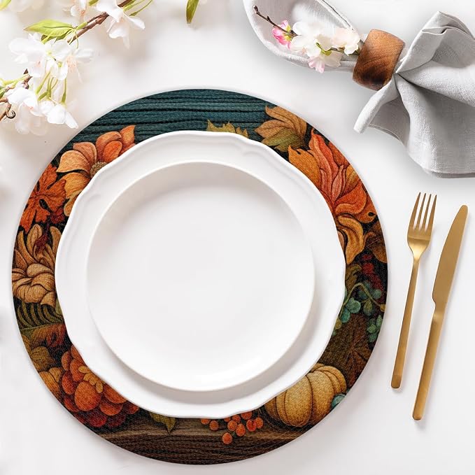 Round Placemats Set of 6, Autumn Pumpkin Sunflowers Leaves Woven Placemats Mats Non-Slip Heat Resistant Washable Table Mats Round Braided Place for Farmhouse Kitchen Dining Party Decor 15in