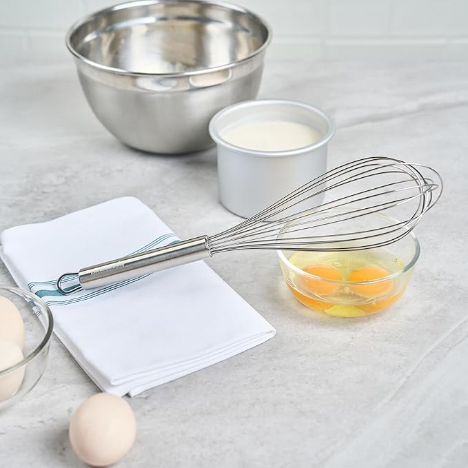Restaurantware 12 in Stainless Steel Wire Whisk - German Standard Kitchen Balloon Whisk with Ergonomic Handle, Dishwasher Safe - Durable French Whisk for Cooking, Mixing Thick Batter and Sauce