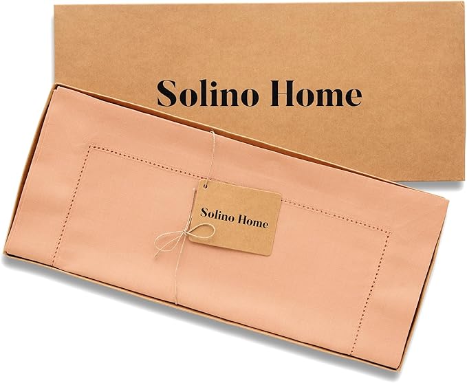 Solino Home Cotton Linen Table Runner 90 Inches Long - Hemstitch Peach Bloom Dining Table Runner 14 x 90 Inch for Spring, Summer
