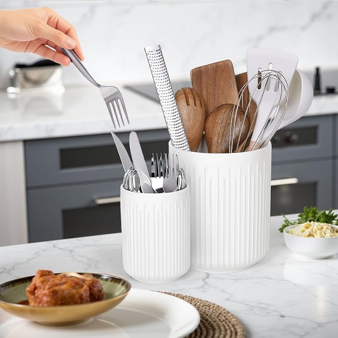 Utensil Holder, 7.3"+5.4" Ceramic Kitchen Utensil Holder for Countertop, Large Cooking Utensil Crocks for Kitchen Counter, Organizer Decor, Spatula Cutlery Holder, Set of 2, White