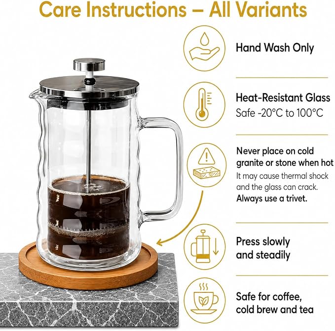 Wavy Glass French Press Coffee Maker 22oz – Cute Small French Press – Double-Wall Borosilicate Coffee Press with Stainless Steel Filter – Manual Coffee Brewer & Tea Press