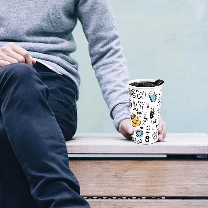 Ceramic Travel Coffee Mug, 12 oz, Portable, Travel Mug with Lid, Double Wall Tall Cup, To Go Tumbler for Car Cup Holder, Splash Resistant Lid, Dishwasher Safe, Gifts for Women Men Her Him (New Day)