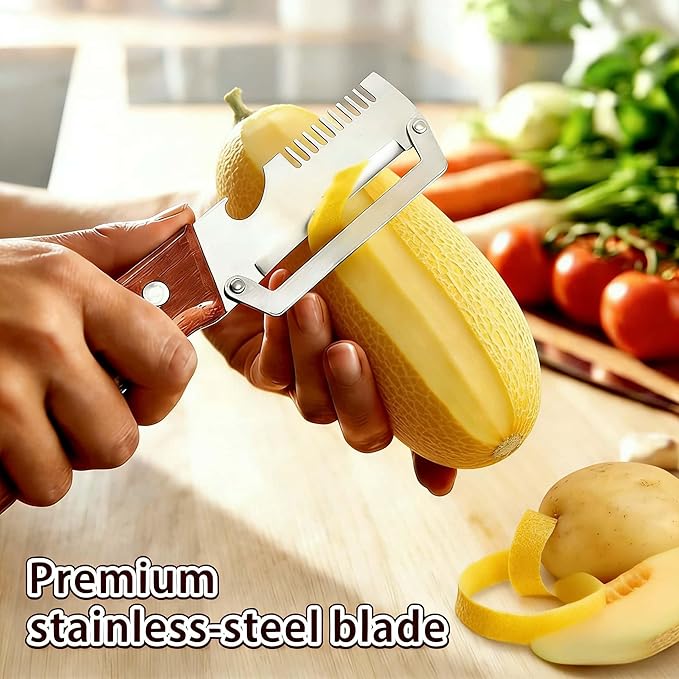 Multifunctional Vegetable Peeler，With wooden handle & bottle opener and grater 3 in 1 kitchen gadgets for potatoes pumpkinsp garlic sugarcane pineapples carrots and other vegetables or fruits (1pcs)