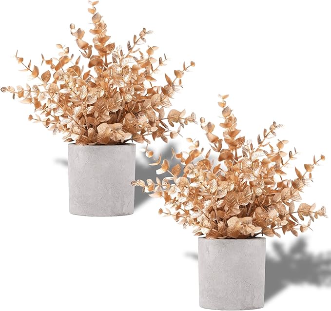 Coferset 2 Pack Gold Eucalyptus Small Fake Plants Potted Artificial Plants for Christmas Decorations Shelf Desk Home Farmhouse Room Coffee Table Bathroom Decor