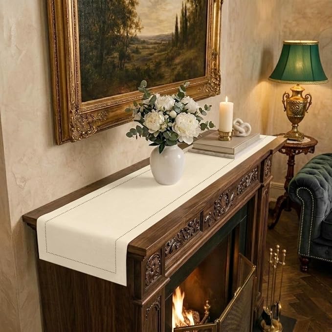 Signature Linen™ by D'Moksha Ivory Table Runner 60 Inches, 100% Pure Linen, Hemstitch, Coffee Table Runner, 14 x 60 Inch for Dresser Tables- Summer, Father's Day