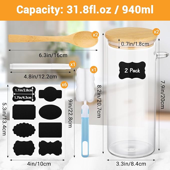 Glass Jars with Bamboo Lids and Spoons - 2 Pack 31 Fl.oz Round Flour Sugar Storage Containers Set, Includes Labels, Marker and Brush, Clear Glass Canister for Kitchen Pantry, Cereal, Rice, Pasta