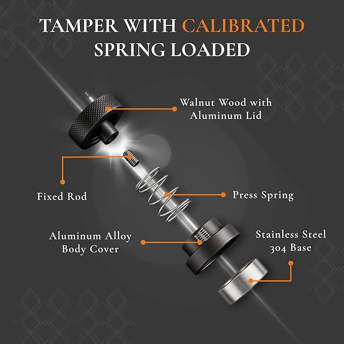 Vandroop 53.35mm Calibrated Espresso Tamper Self-Leveling & Constant Pressure - 304 Stainless Steel Base Barista Coffee with Calibrated Spring Loaded, Espresso Hand Tamper with Walnut & Aluminum Body