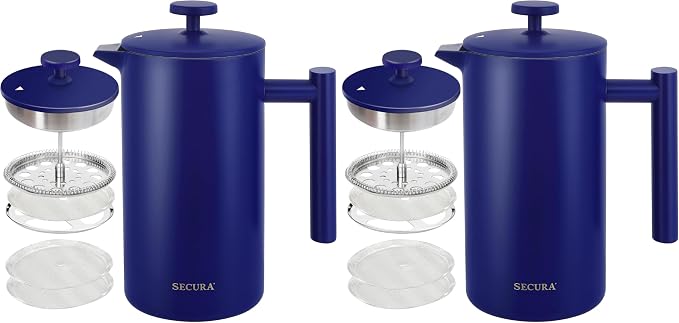 Secura French Press Coffee Maker, 304 Grade Stainless Steel Insulated Coffee Press with 2 Extra Screens, 34oz (1 Litre), Blue (Pack of 2)