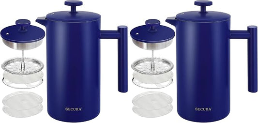 Secura French Press Coffee Maker, 304 Grade Stainless Steel Insulated Coffee Press with 2 Extra Screens, 34oz (1 Litre), Blue (Pack of 2)
