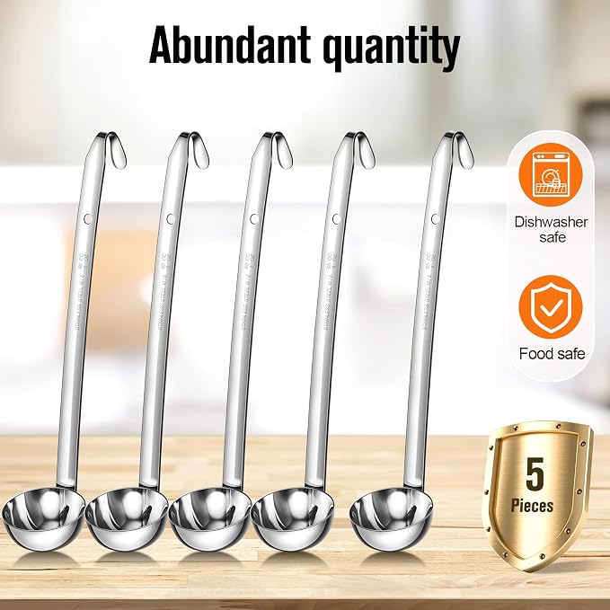 Cunhill 5 Pcs Soup Ladles Stainless Steel Serving Ladles with Long Handle for Serving, Cooking, Stirring, Portioning Kitchen Restaurant Accessories(2 oz)