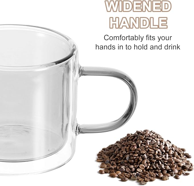 uxcell 8.4 oz Double Wall Glass Coffee Mugs, Glass Tea Cup with Widened Handles for Espresso Coffee, Cappuccino, Tea Bag, Latte, Hot Cold Beverages, Juice, Grey