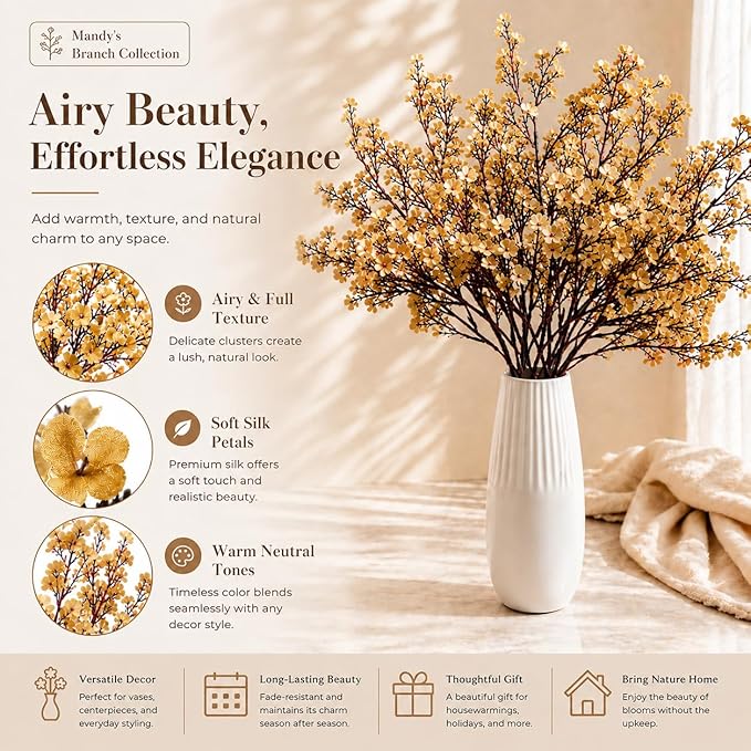 Mandy's Gold Artificial Baby’s Breath Flowers 15 Bundles Silk Gypsophila, 18.5 Inch European Style Modern Home Decor Centerpiece, Neutral Wedding Flower Arrangements