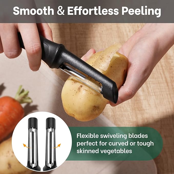 Beneno Swivel Vegetable Peeler, Razor-Sharp Smooth Peeling Potato Peelers with Stainless Steel Blades, Ergonomic Comfort Non-Slip Rubber Handle, Kitchen Peelers with Potato Eye Remover (2, Black)