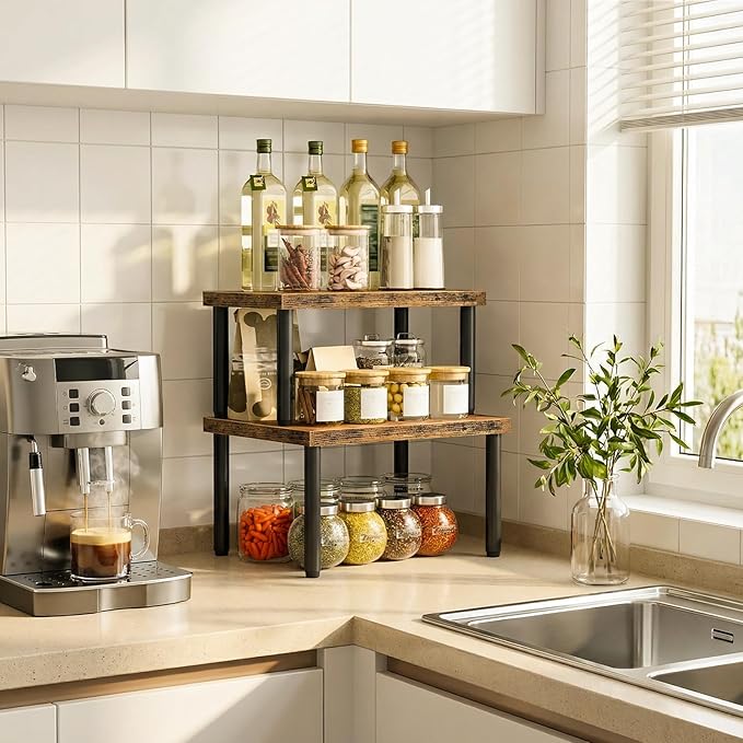 HOOBRO Cabinet Organizer Shelf, kitchen countertop organizer, Kitchen Storage, Spice Rack for cabinet, Stackable, Expandable, for Countertop,kitchen,cabinet, Rustic Brown BF15TL01