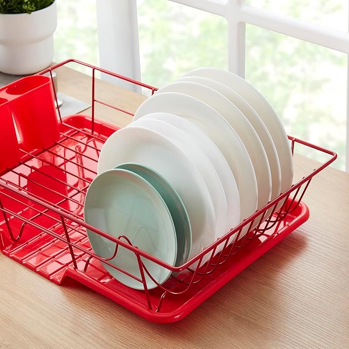 Space-Saving 3-Piece Dish Drainer Rack Set Efficient Kitchen Organizer for Quick Drying and Storage Includes Cutlery Holder and Drainboard Maximize Countertop Space, Bright Red