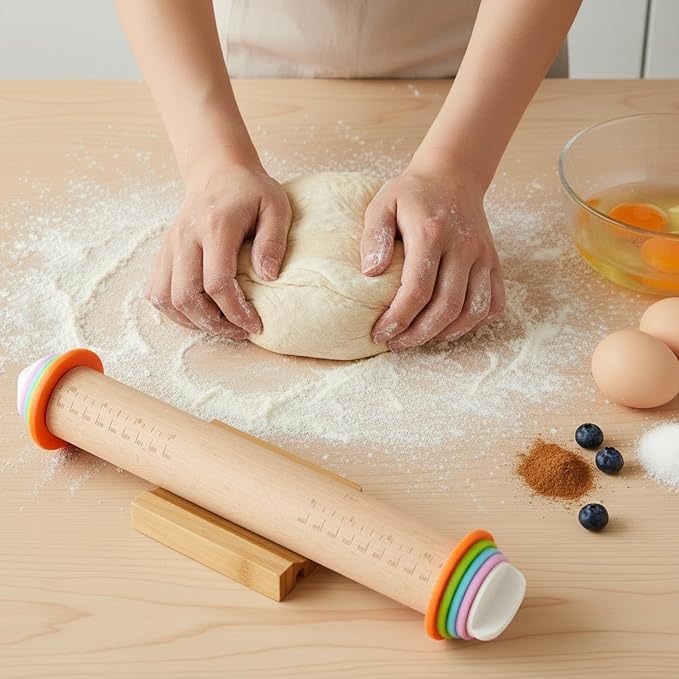 Adjustable Rolling Pin with Thickness Rings - 14 INCH Wood Dough Roller for Perfect Baking, Fondant & Cookies Ideal Rolling Pin for Dough & Cookie Decorating Supplies