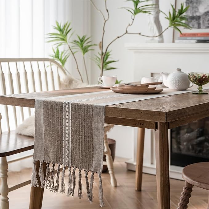 Niviy Farmhouse Table Runner, Embroidered Striped Braided Coffee Boho Table Runner, Cotton Linen Farmhouse Table Decoration for Holiday Party 12 x 120 Inches