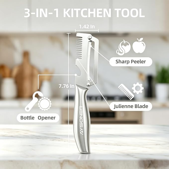 Aysoner Kitchen Multifunctional Vegetable Peeler: 3-in-1 Fast Food Prepare | 2pcs Peels in Seconds with Shredder Bottle Opener - Full Stainless Steel Dishwasher Safe - Comfy Non-slip Grip for Home Chef