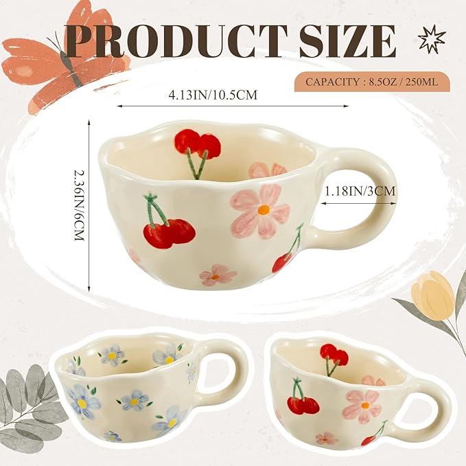 Vesici 2 Pcs Ceramic Coffee Mugs with Spoon, Vintage Floral Spring Mugs with Handle, 8.5 oz Aesthetic Flower Porcelain Tea Cup Set, Dishwasher & Microwave Safe Mothers Day Gifts for Mom(Lovely)