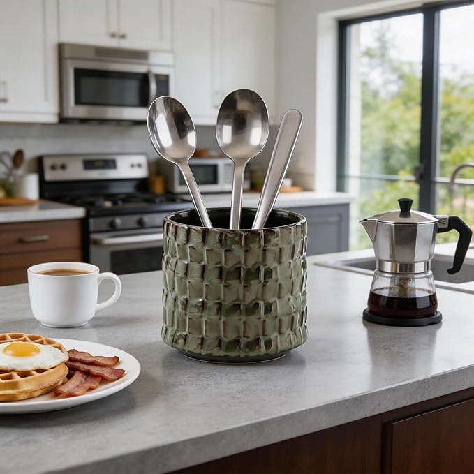 Utensil Crock Kitchen Utensil Holder, 5 Inches Small Ceramic Utensil Holder for Countertop, Unique Embossed Checkered Pattern, Seaweed Green Cooking Utensil Crocks for Kitchen, Home Decor Gift