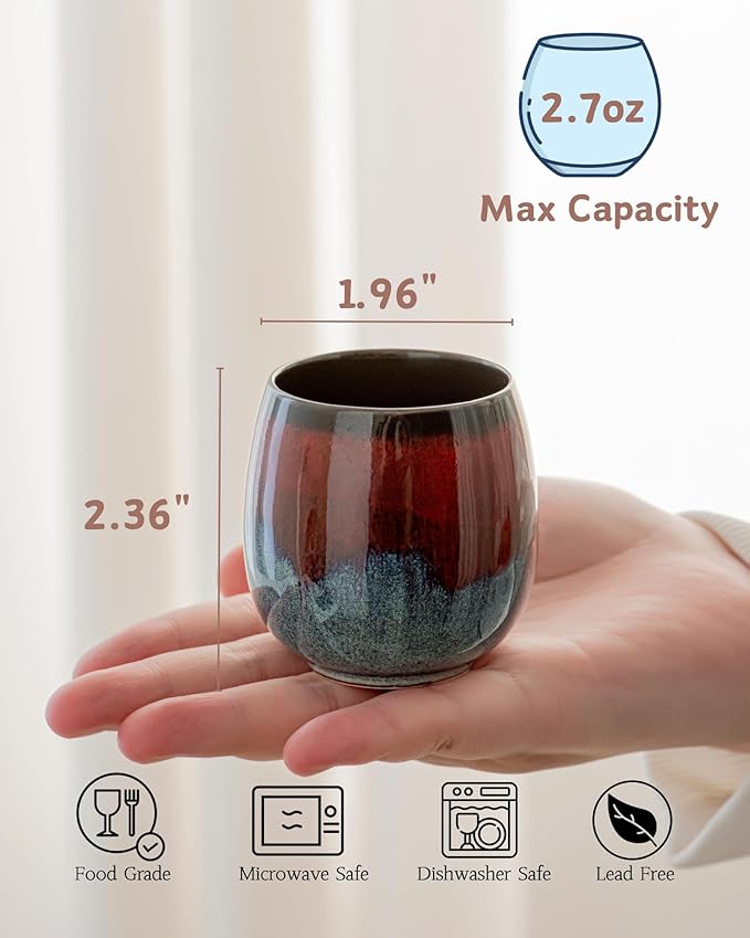 2.7 Oz Mini Espresso Cups Set of 4, Colorful Ceramic Demitasse Cups with Bamboo Coasters & Spoons, Unique Glaze Mugs for Turkish Coffee, Macchiato, Espresso Martini, Dishwasher & Microwave Safe