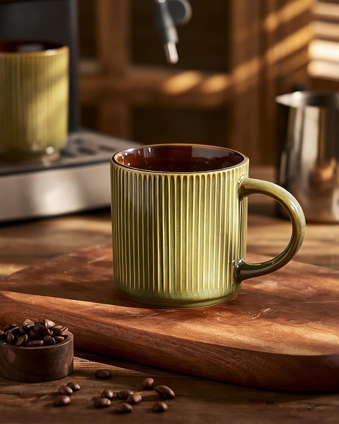 famiware Coffee Mug Set for 6, Star 12 oz Catering Mugs Cup Set with Handle for Coffee, Tea, Cocoa, Milk - Ceramic Stoneware Drinkware Set, Moss Cocoa