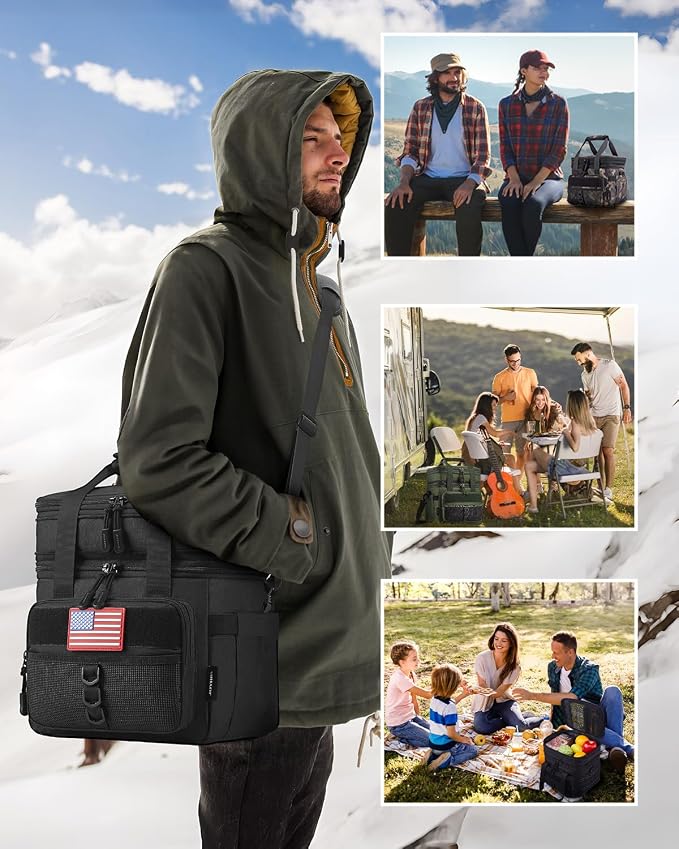 JOYHILL Lunch Box for Men 18 L & Large Expandable Double Deck Cooler Bag | Tactical, Insulated, Leakproof, and Durable Lunch Bag for Adults for Work Camping Picnic Beach Daytrip Black 24 Can