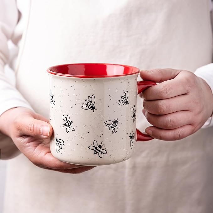 AmorArc 22 OZ Large Ceramic Coffee Mugs, Oversized Soup Cups With Big Handle for Men Women Dad Mom, Big Mug With Textured Bees Patterns for Office & Home -Microwave Safe, 2 Pcs-Red
