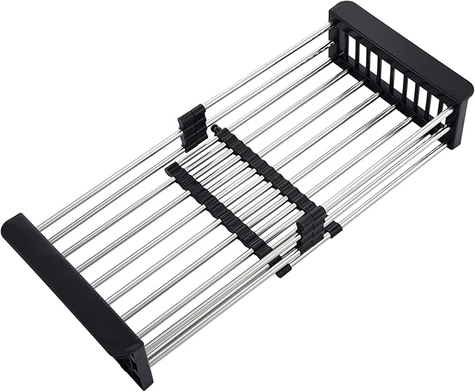 Over Sink Dish Drying Rack Black, Sink Dish Drainer Expandable Stainless Steel Dish Drainers for Kitchen Counter Dish Dryer Rack Utensil Holder Kitchen Organizer for Dishes Veggies and Fruits